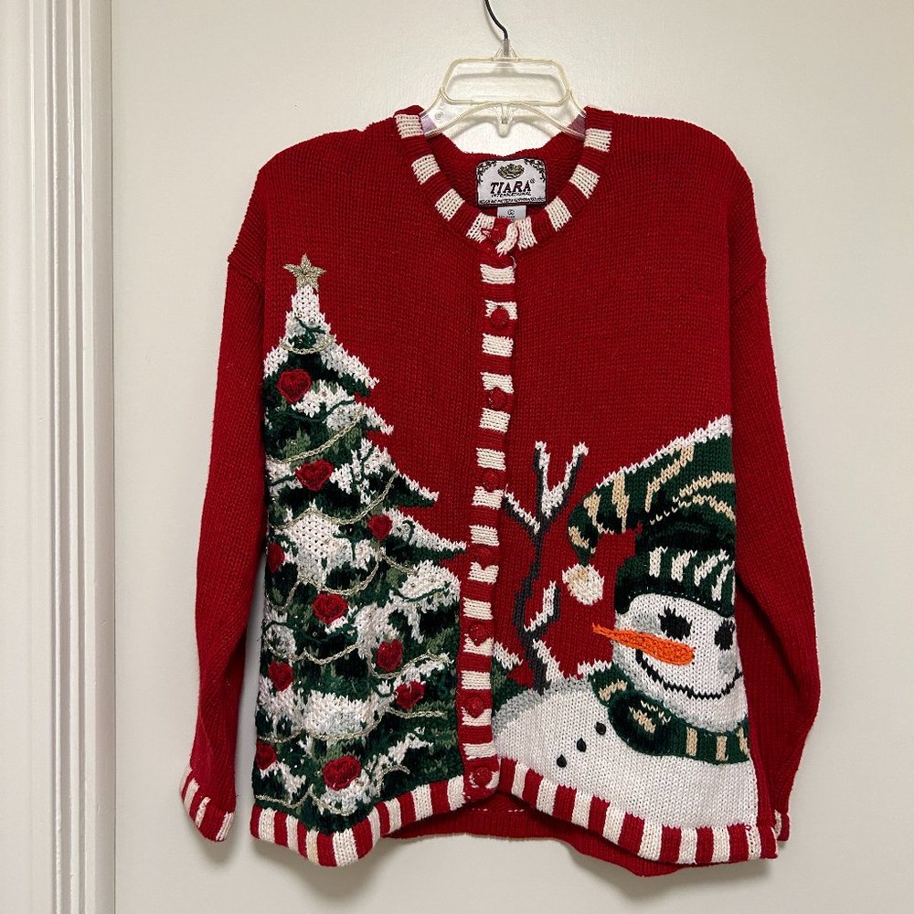 Tiara Christmas Tree Candy Cane Cardigan Cotton Sweater Medium